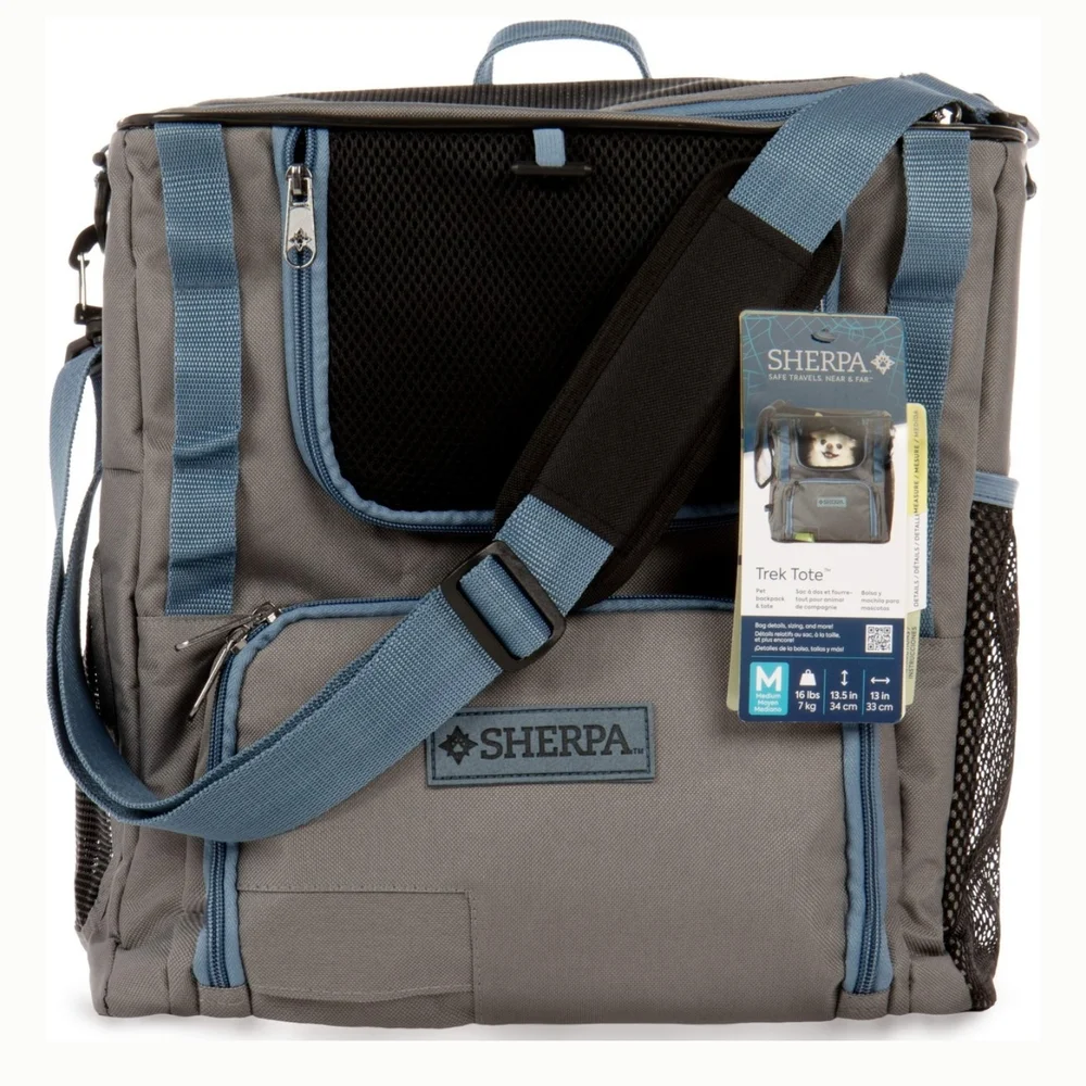 Sherpa Trek Tote Pet Carrier Backpack Gray Blue NWT Small Dog Cat Travel Bag